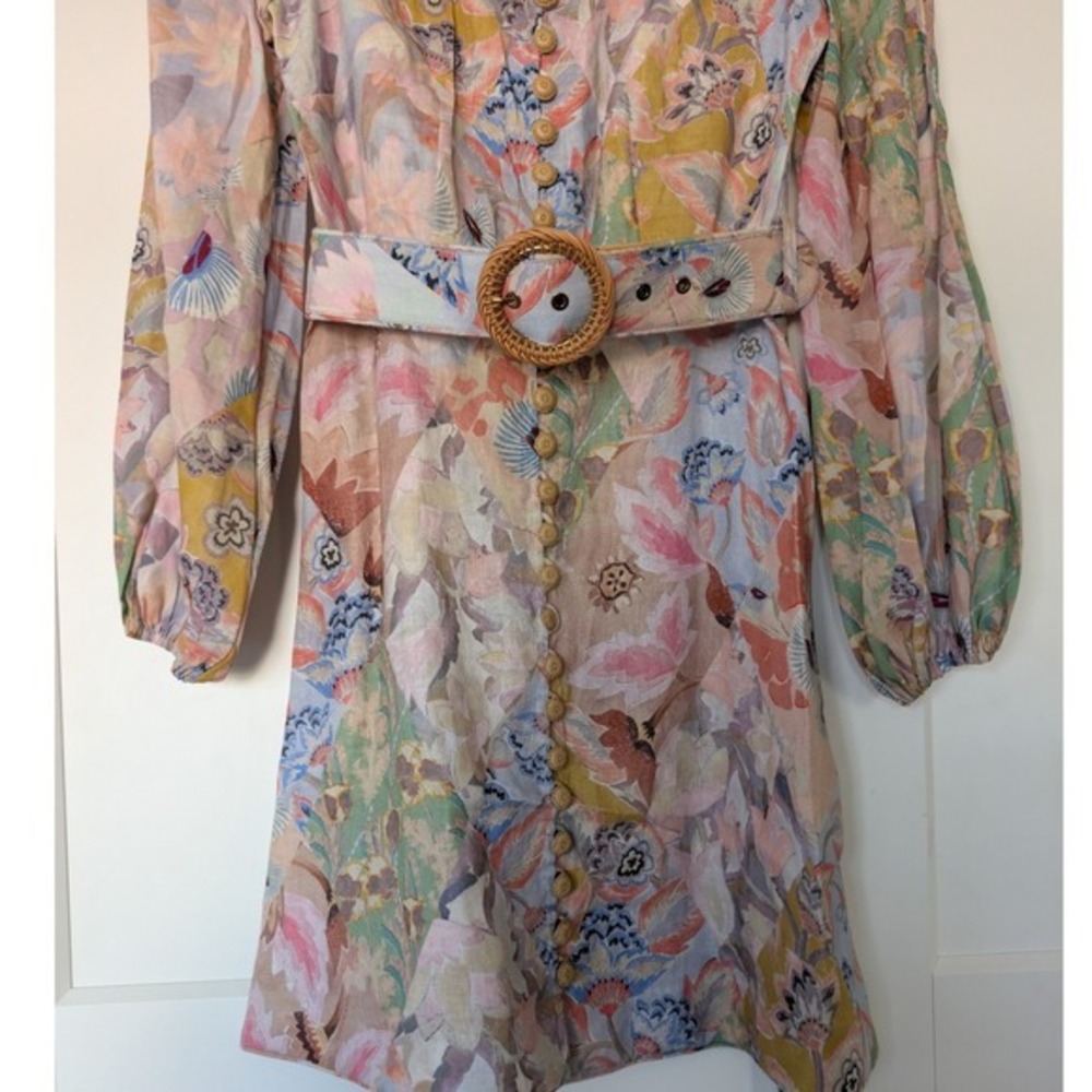 NWOT $950 Zimmermann Illustration Buttoned Belted Floral Linen Mini Dress size 0 - Picture 4 of 9